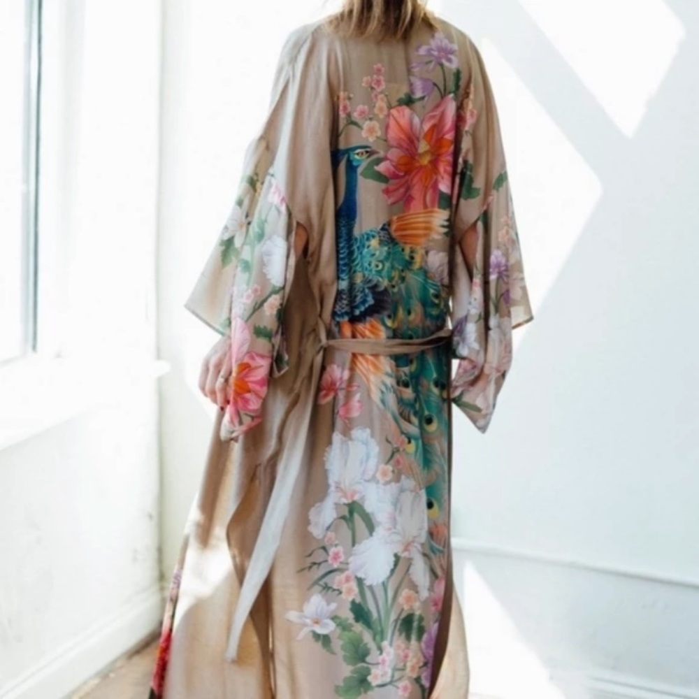 SOLD OUT Gypsy Bohemian Tan Floral Peacock Open Kimono Robe - Picture 1 of 12